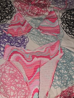 SHEIN Pink and Light Blue Wave-Print Smocked Bikini Set